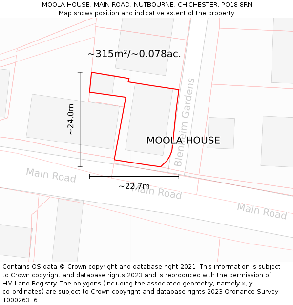 MOOLA HOUSE, MAIN ROAD, NUTBOURNE, CHICHESTER, PO18 8RN: Plot and title map