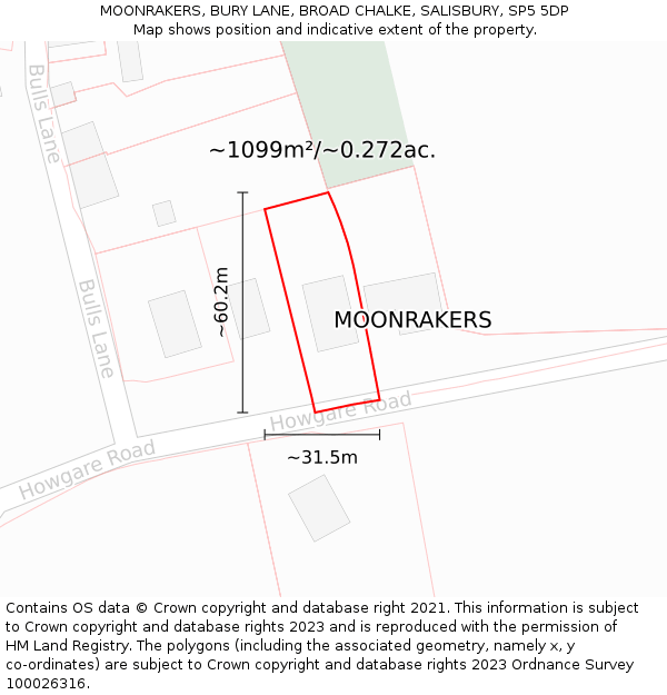 MOONRAKERS, BURY LANE, BROAD CHALKE, SALISBURY, SP5 5DP: Plot and title map