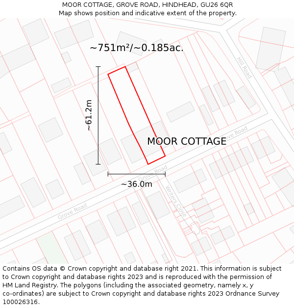 MOOR COTTAGE, GROVE ROAD, HINDHEAD, GU26 6QR: Plot and title map