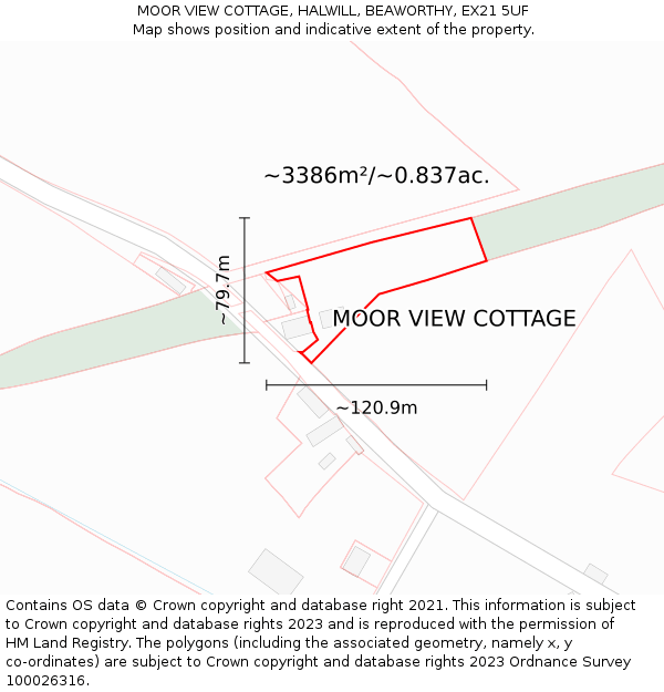 MOOR VIEW COTTAGE, HALWILL, BEAWORTHY, EX21 5UF: Plot and title map