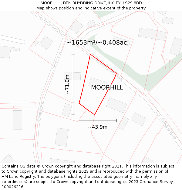 MOORHILL, BEN RHYDDING DRIVE, ILKLEY, LS29 8BD: Plot and title map