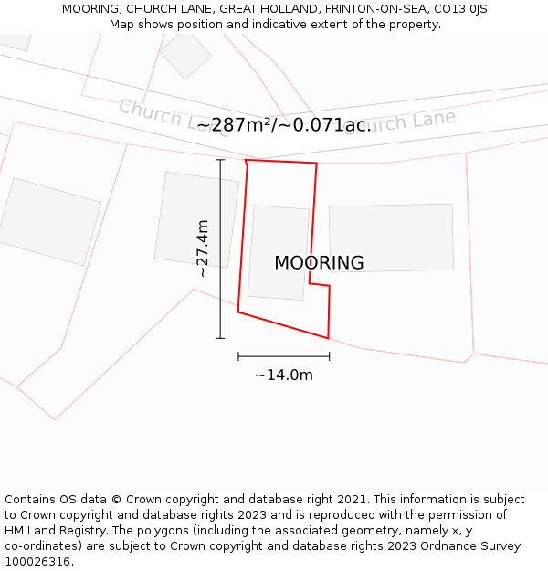 MOORING, CHURCH LANE, GREAT HOLLAND, FRINTON-ON-SEA, CO13 0JS: Plot and title map