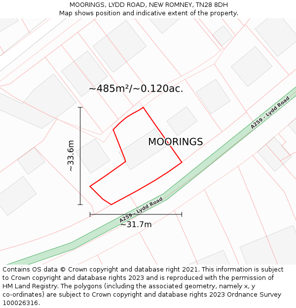 MOORINGS, LYDD ROAD, NEW ROMNEY, TN28 8DH: Plot and title map