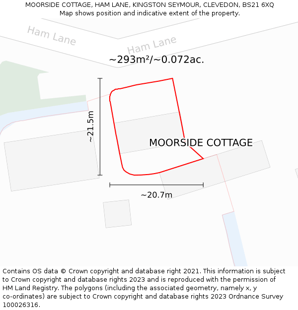 MOORSIDE COTTAGE, HAM LANE, KINGSTON SEYMOUR, CLEVEDON, BS21 6XQ: Plot and title map