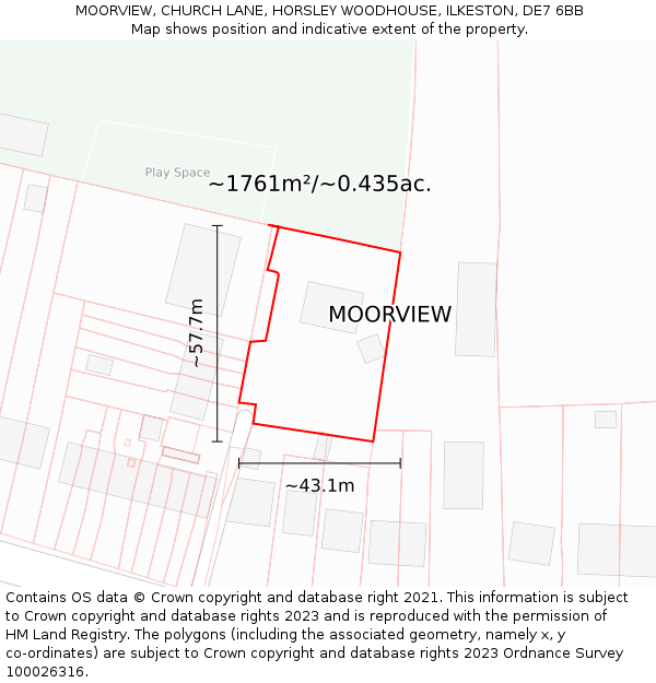 MOORVIEW, CHURCH LANE, HORSLEY WOODHOUSE, ILKESTON, DE7 6BB: Plot and title map