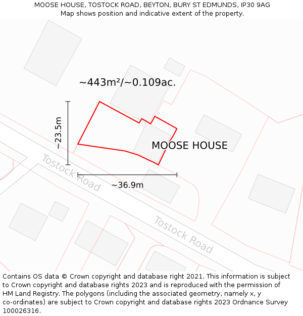 MOOSE HOUSE, TOSTOCK ROAD, BEYTON, BURY ST EDMUNDS, IP30 9AG: Plot and title map