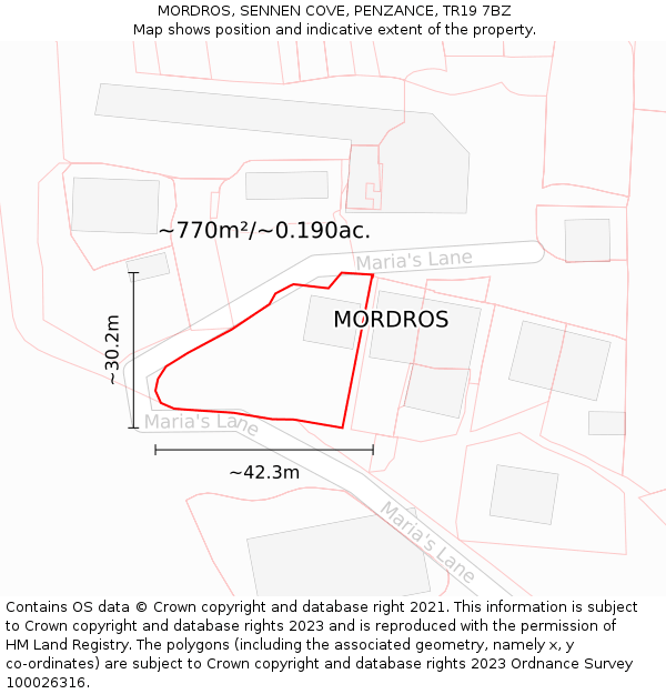MORDROS, SENNEN COVE, PENZANCE, TR19 7BZ: Plot and title map