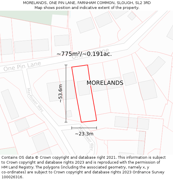 MORELANDS, ONE PIN LANE, FARNHAM COMMON, SLOUGH, SL2 3RD: Plot and title map