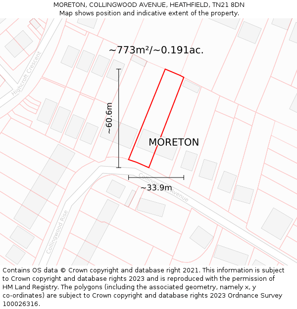 MORETON, COLLINGWOOD AVENUE, HEATHFIELD, TN21 8DN: Plot and title map