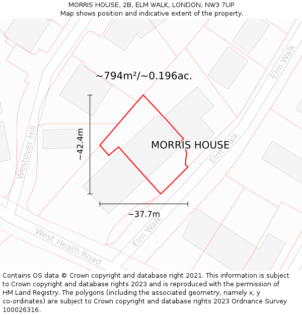 MORRIS HOUSE, 2B, ELM WALK, LONDON, NW3 7UP: Plot and title map