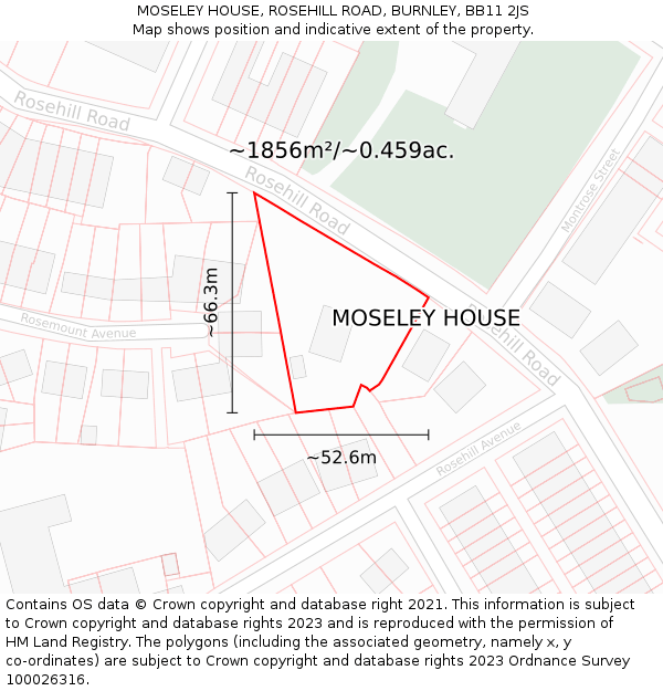 MOSELEY HOUSE, ROSEHILL ROAD, BURNLEY, BB11 2JS: Plot and title map