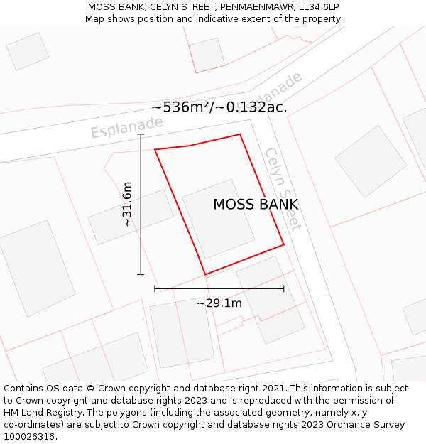 MOSS BANK, CELYN STREET, PENMAENMAWR, LL34 6LP: Plot and title map