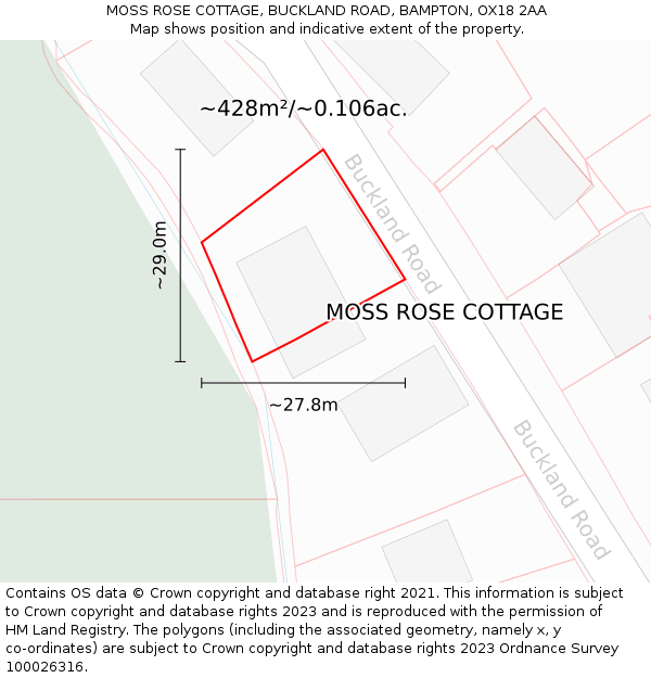 MOSS ROSE COTTAGE, BUCKLAND ROAD, BAMPTON, OX18 2AA: Plot and title map