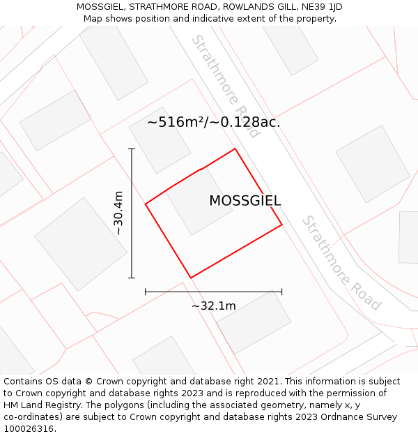 MOSSGIEL, STRATHMORE ROAD, ROWLANDS GILL, NE39 1JD: Plot and title map