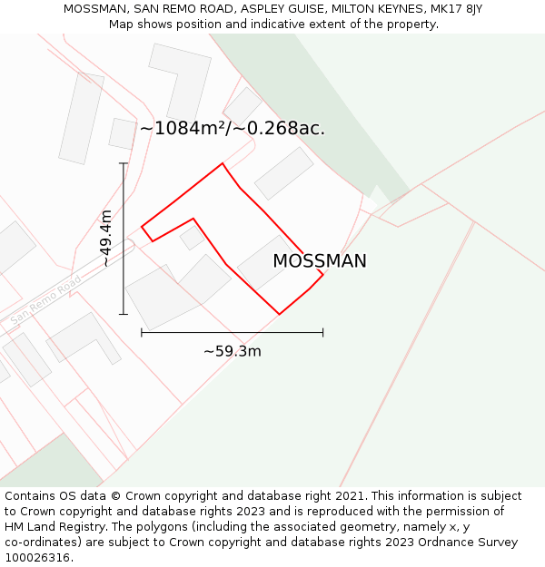 MOSSMAN, SAN REMO ROAD, ASPLEY GUISE, MILTON KEYNES, MK17 8JY: Plot and title map