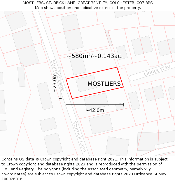 MOSTLIERS, STURRICK LANE, GREAT BENTLEY, COLCHESTER, CO7 8PS: Plot and title map