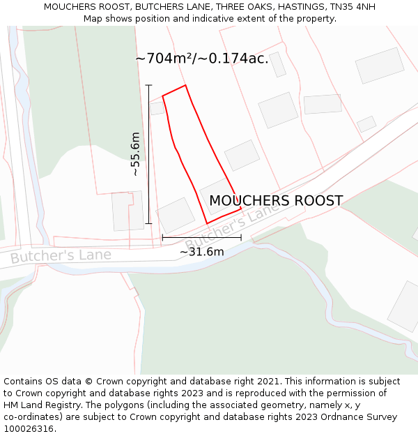 MOUCHERS ROOST, BUTCHERS LANE, THREE OAKS, HASTINGS, TN35 4NH: Plot and title map