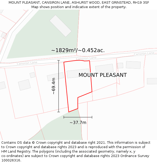 MOUNT PLEASANT, CANSIRON LANE, ASHURST WOOD, EAST GRINSTEAD, RH19 3SF: Plot and title map