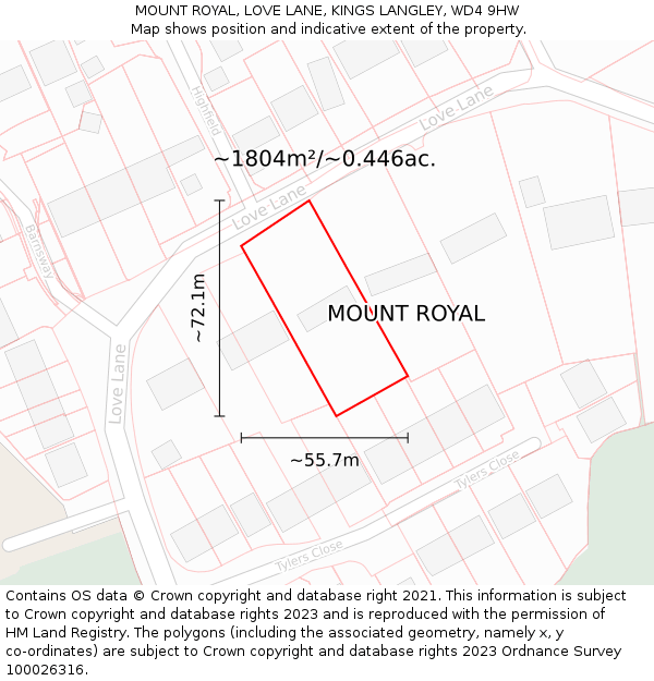 MOUNT ROYAL, LOVE LANE, KINGS LANGLEY, WD4 9HW: Plot and title map