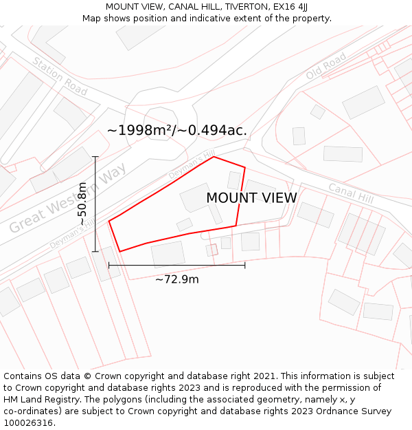 MOUNT VIEW, CANAL HILL, TIVERTON, EX16 4JJ: Plot and title map