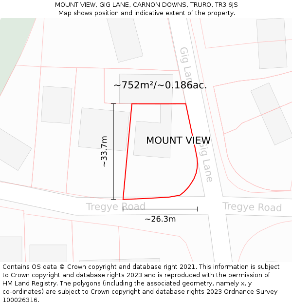 MOUNT VIEW, GIG LANE, CARNON DOWNS, TRURO, TR3 6JS: Plot and title map