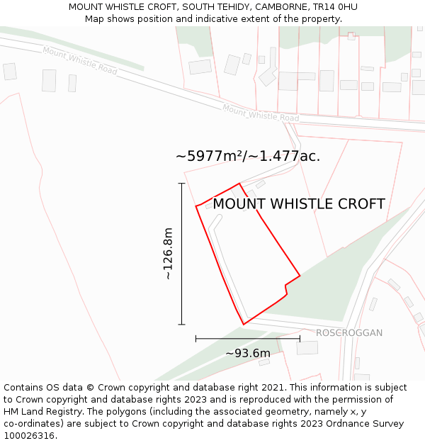 MOUNT WHISTLE CROFT, SOUTH TEHIDY, CAMBORNE, TR14 0HU: Plot and title map