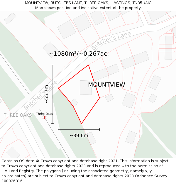 MOUNTVIEW, BUTCHERS LANE, THREE OAKS, HASTINGS, TN35 4NG: Plot and title map