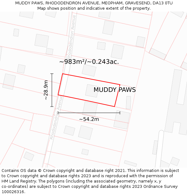 MUDDY PAWS, RHODODENDRON AVENUE, MEOPHAM, GRAVESEND, DA13 0TU: Plot and title map
