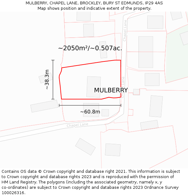 MULBERRY, CHAPEL LANE, BROCKLEY, BURY ST EDMUNDS, IP29 4AS: Plot and title map