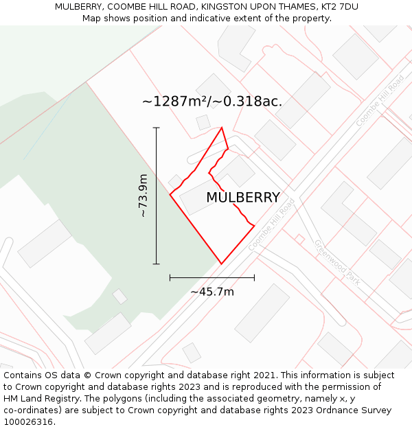 MULBERRY, COOMBE HILL ROAD, KINGSTON UPON THAMES, KT2 7DU: Plot and title map
