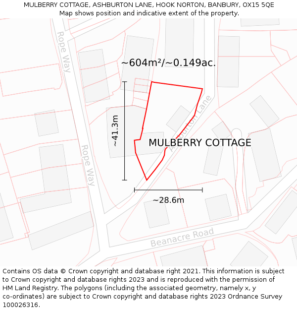 MULBERRY COTTAGE, ASHBURTON LANE, HOOK NORTON, BANBURY, OX15 5QE: Plot and title map