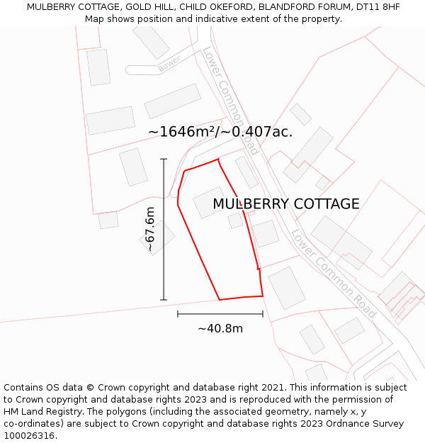 MULBERRY COTTAGE, GOLD HILL, CHILD OKEFORD, BLANDFORD FORUM, DT11 8HF: Plot and title map