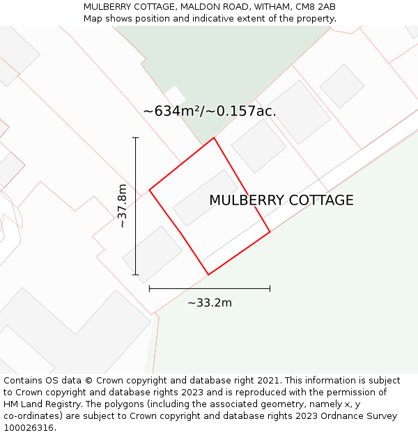 MULBERRY COTTAGE, MALDON ROAD, WITHAM, CM8 2AB: Plot and title map