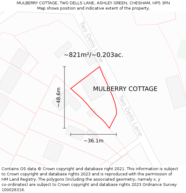 MULBERRY COTTAGE, TWO DELLS LANE, ASHLEY GREEN, CHESHAM, HP5 3PN: Plot and title map