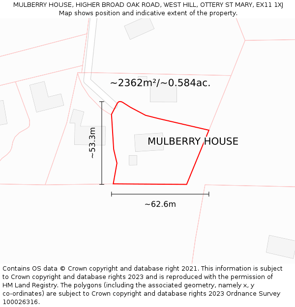 MULBERRY HOUSE, HIGHER BROAD OAK ROAD, WEST HILL, OTTERY ST MARY, EX11 1XJ: Plot and title map
