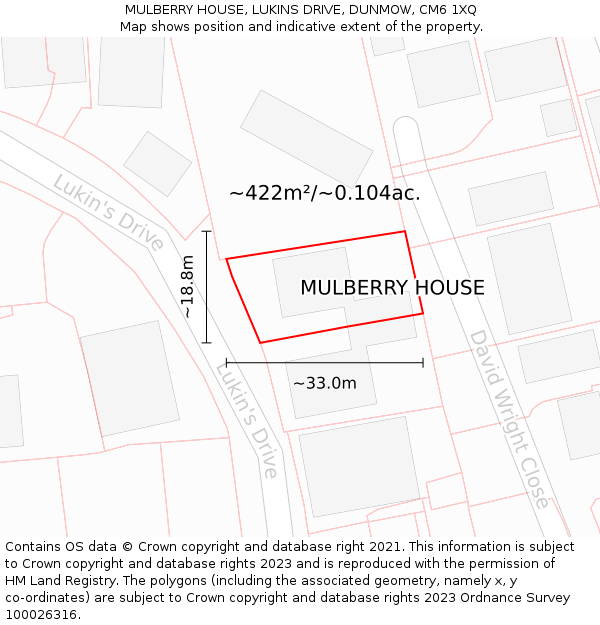 MULBERRY HOUSE, LUKINS DRIVE, DUNMOW, CM6 1XQ: Plot and title map