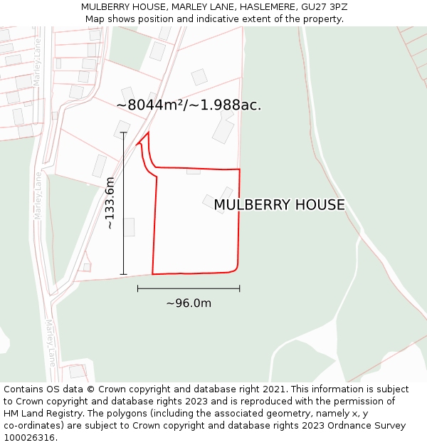 MULBERRY HOUSE, MARLEY LANE, HASLEMERE, GU27 3PZ: Plot and title map