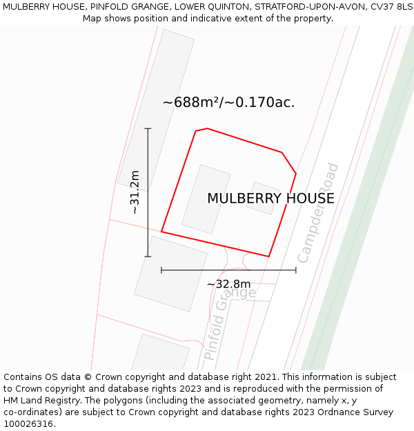 MULBERRY HOUSE, PINFOLD GRANGE, LOWER QUINTON, STRATFORD-UPON-AVON, CV37 8LS: Plot and title map