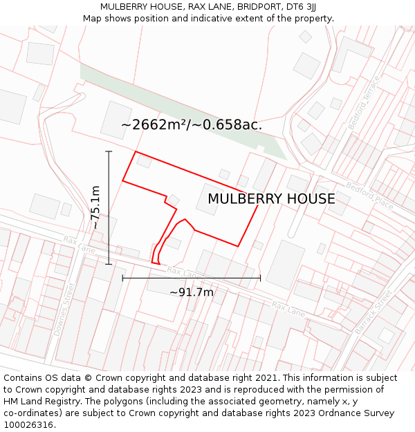 MULBERRY HOUSE, RAX LANE, BRIDPORT, DT6 3JJ: Plot and title map