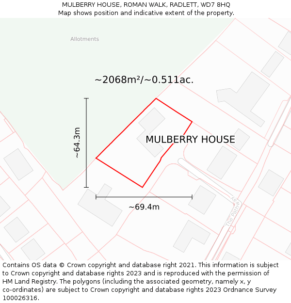 MULBERRY HOUSE, ROMAN WALK, RADLETT, WD7 8HQ: Plot and title map