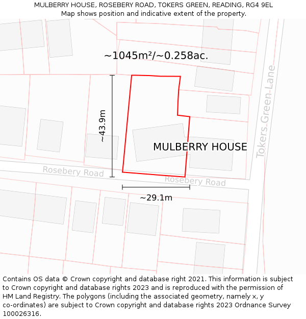 MULBERRY HOUSE, ROSEBERY ROAD, TOKERS GREEN, READING, RG4 9EL: Plot and title map