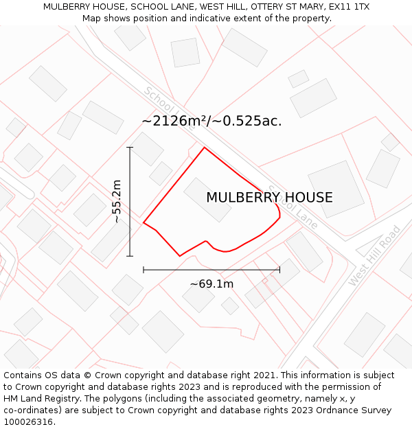 MULBERRY HOUSE, SCHOOL LANE, WEST HILL, OTTERY ST MARY, EX11 1TX: Plot and title map