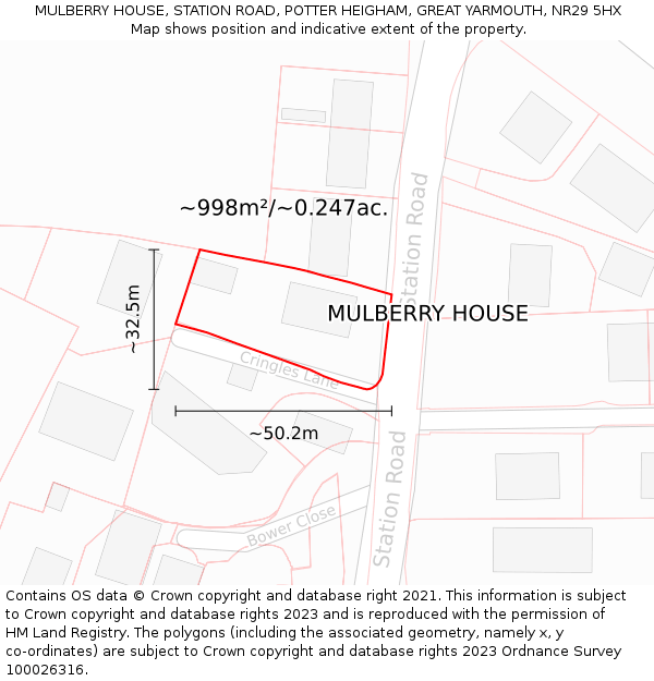 MULBERRY HOUSE, STATION ROAD, POTTER HEIGHAM, GREAT YARMOUTH, NR29 5HX: Plot and title map