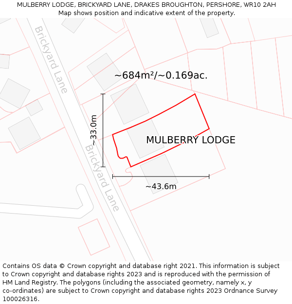 MULBERRY LODGE, BRICKYARD LANE, DRAKES BROUGHTON, PERSHORE, WR10 2AH: Plot and title map