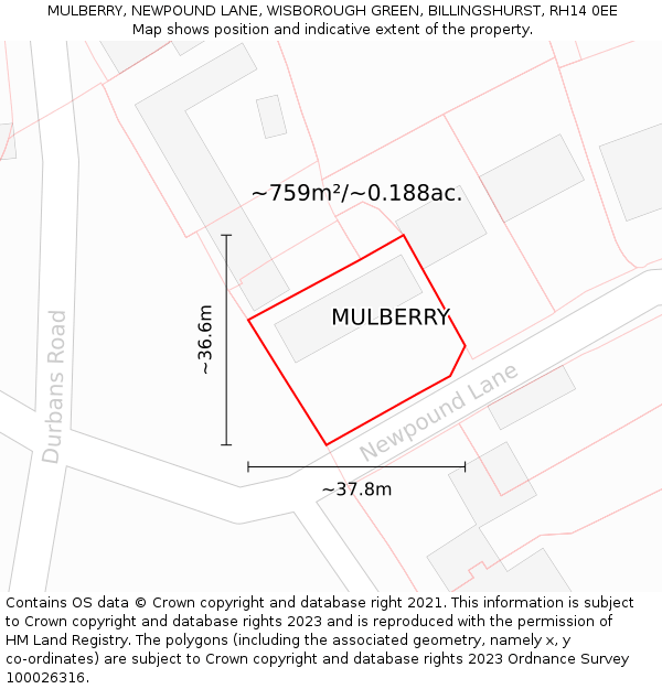 MULBERRY, NEWPOUND LANE, WISBOROUGH GREEN, BILLINGSHURST, RH14 0EE: Plot and title map