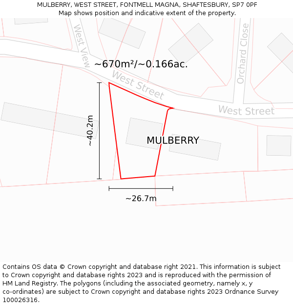 MULBERRY, WEST STREET, FONTMELL MAGNA, SHAFTESBURY, SP7 0PF: Plot and title map