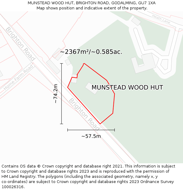 MUNSTEAD WOOD HUT, BRIGHTON ROAD, GODALMING, GU7 1XA: Plot and title map