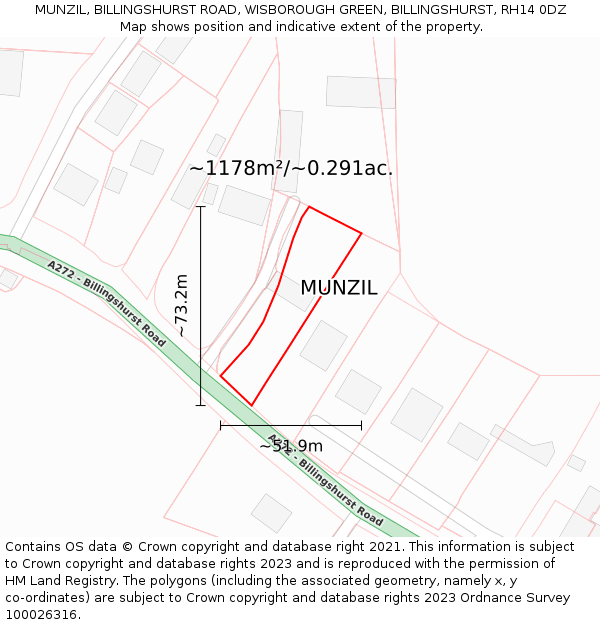 MUNZIL, BILLINGSHURST ROAD, WISBOROUGH GREEN, BILLINGSHURST, RH14 0DZ: Plot and title map