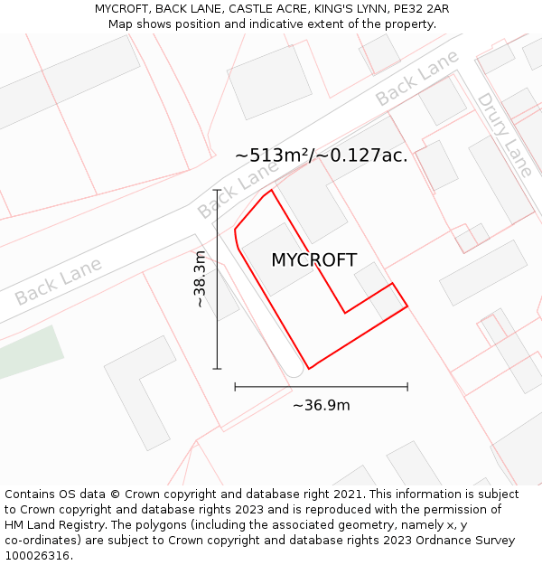 MYCROFT, BACK LANE, CASTLE ACRE, KING'S LYNN, PE32 2AR: Plot and title map