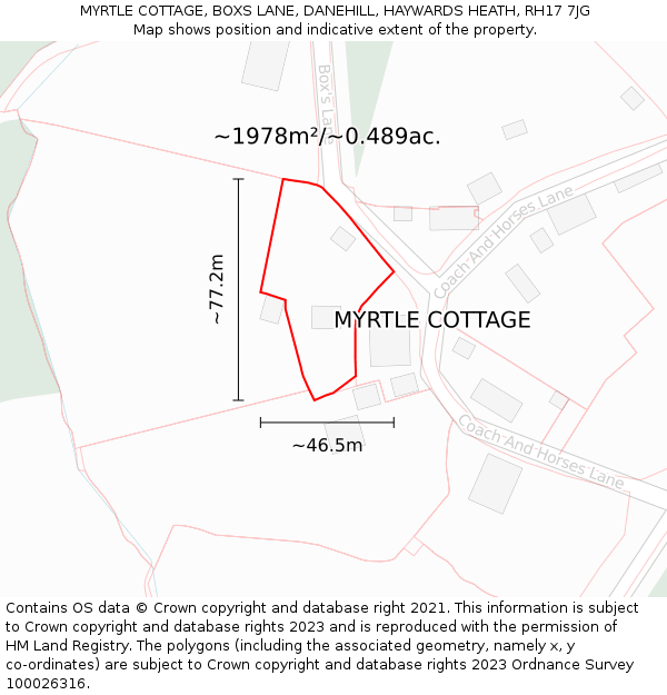 MYRTLE COTTAGE, BOXS LANE, DANEHILL, HAYWARDS HEATH, RH17 7JG: Plot and title map